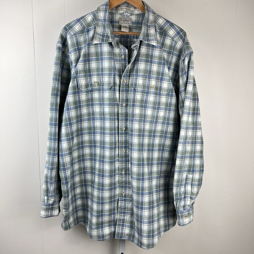 L.L. Bean Green and Blue Plaid Casual Button Down Shirt